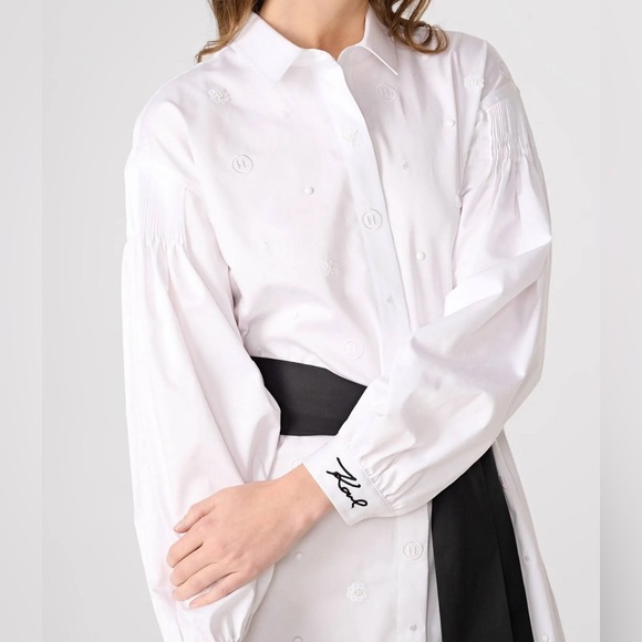 Karl Lagerfeld Paris | Women's Embellished White Shirt Dress - Picture 4 of 16